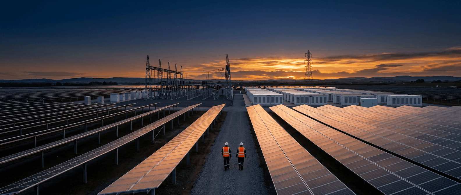 Solar plant with battery energy storage at dusk. Conceptual image.