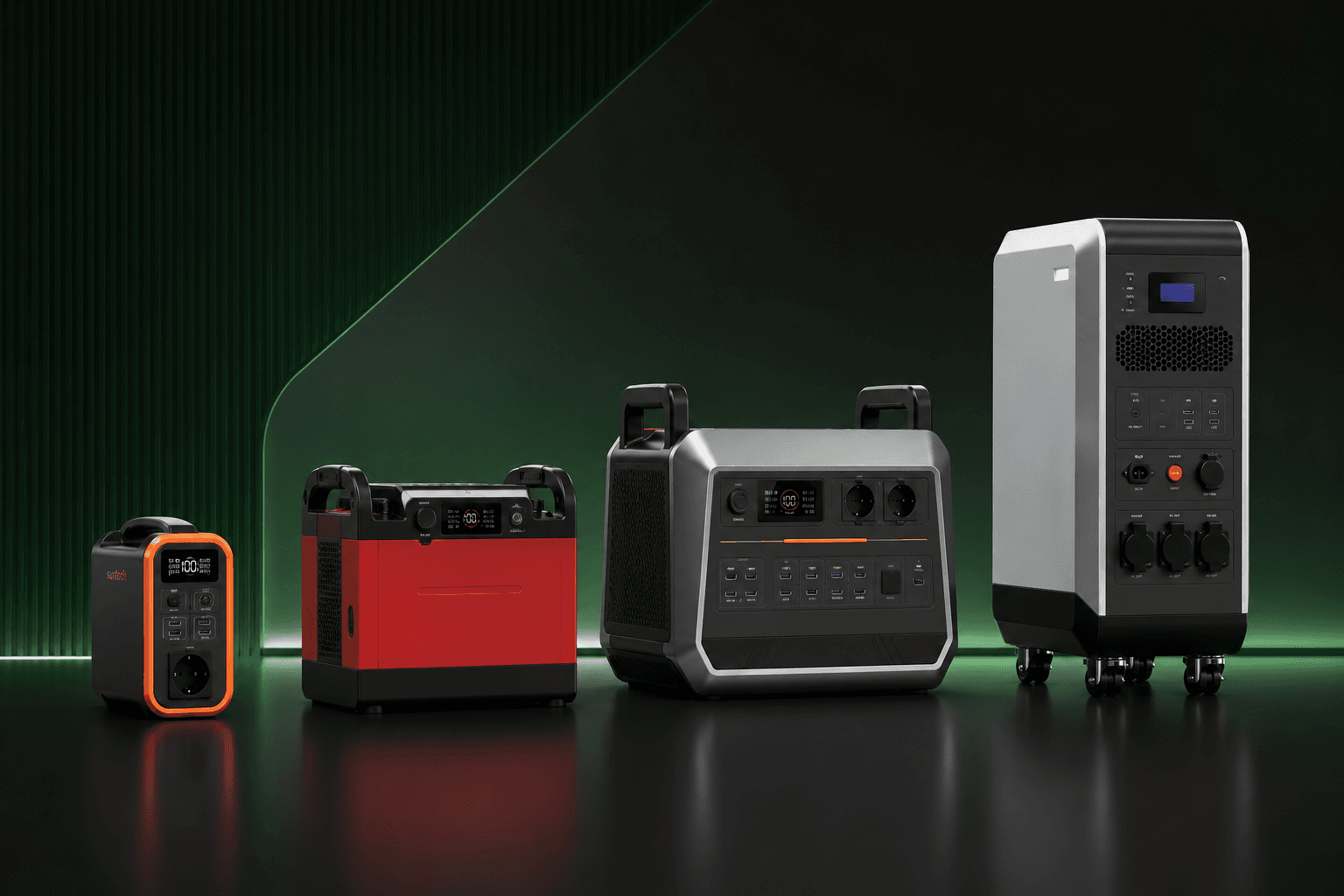 Four power stations of different sizes side by side, from a small portable unit to a large wheeled system.