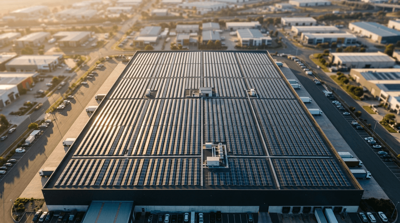 Aerial view of rooftop solar plant. Conceptual image, not a real project.