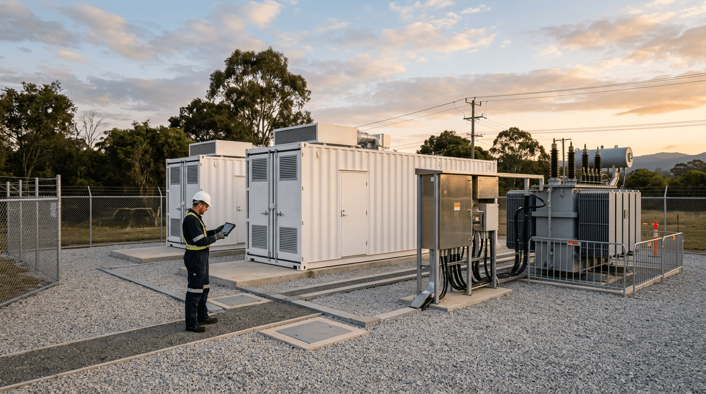 Industrial energy storage site. Conceptual image, not a real project.