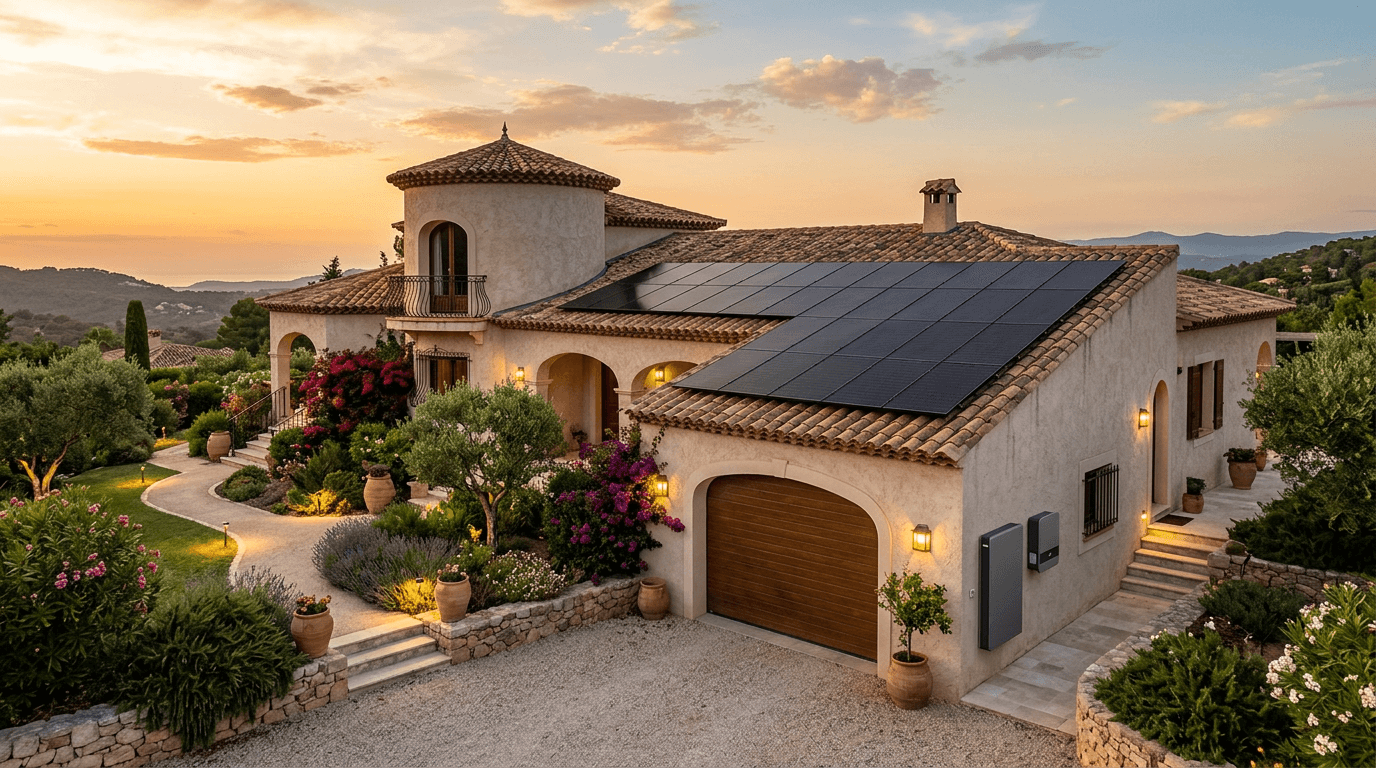 Residential villa with solar system. Conceptual image, not a real project.