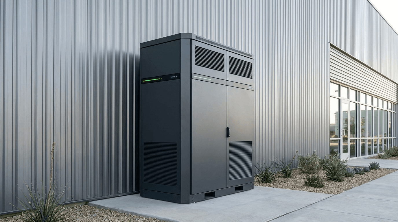 Cabinet energy storage unit installed beside an industrial building. Conceptual image.