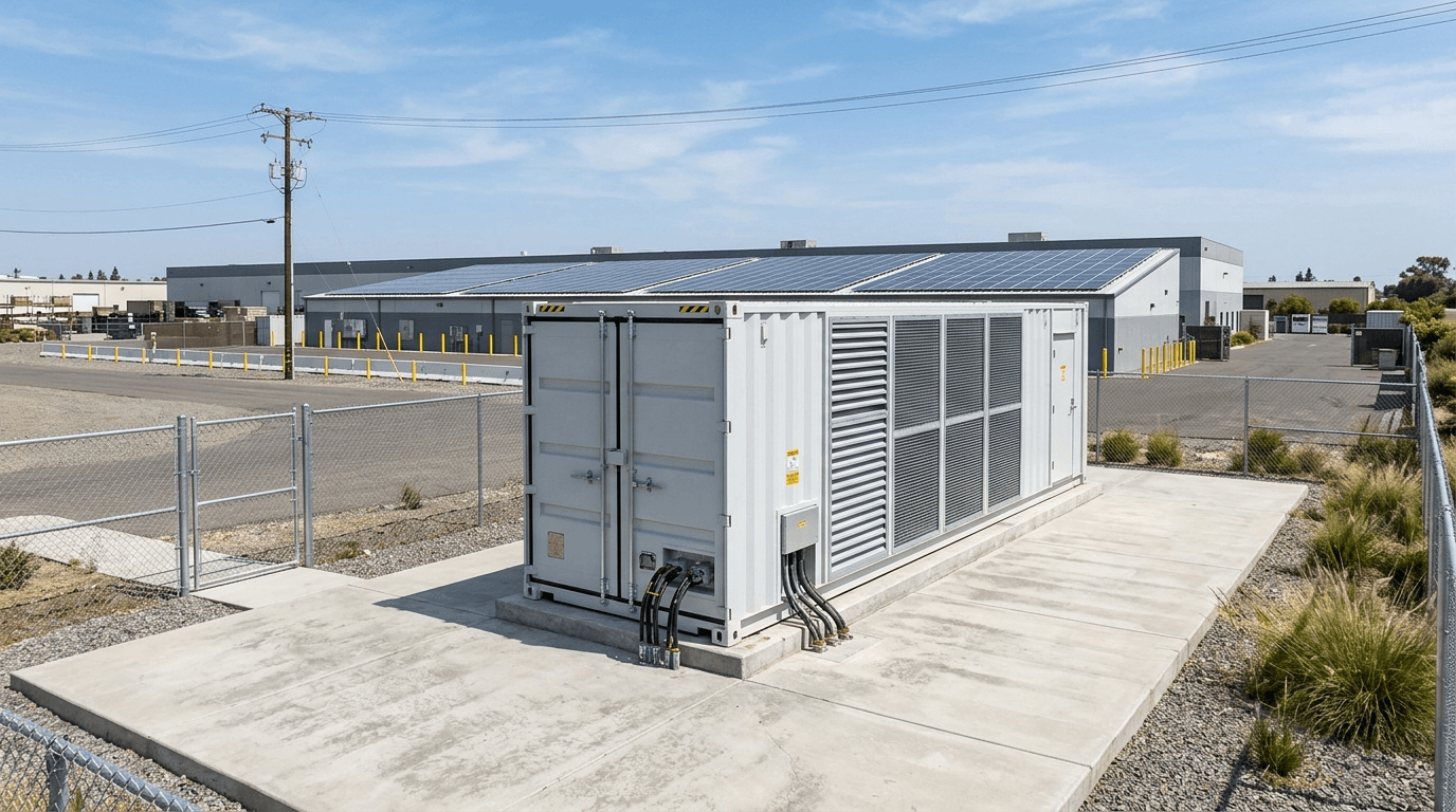 Containerised energy storage system in an industrial yard. Conceptual image.